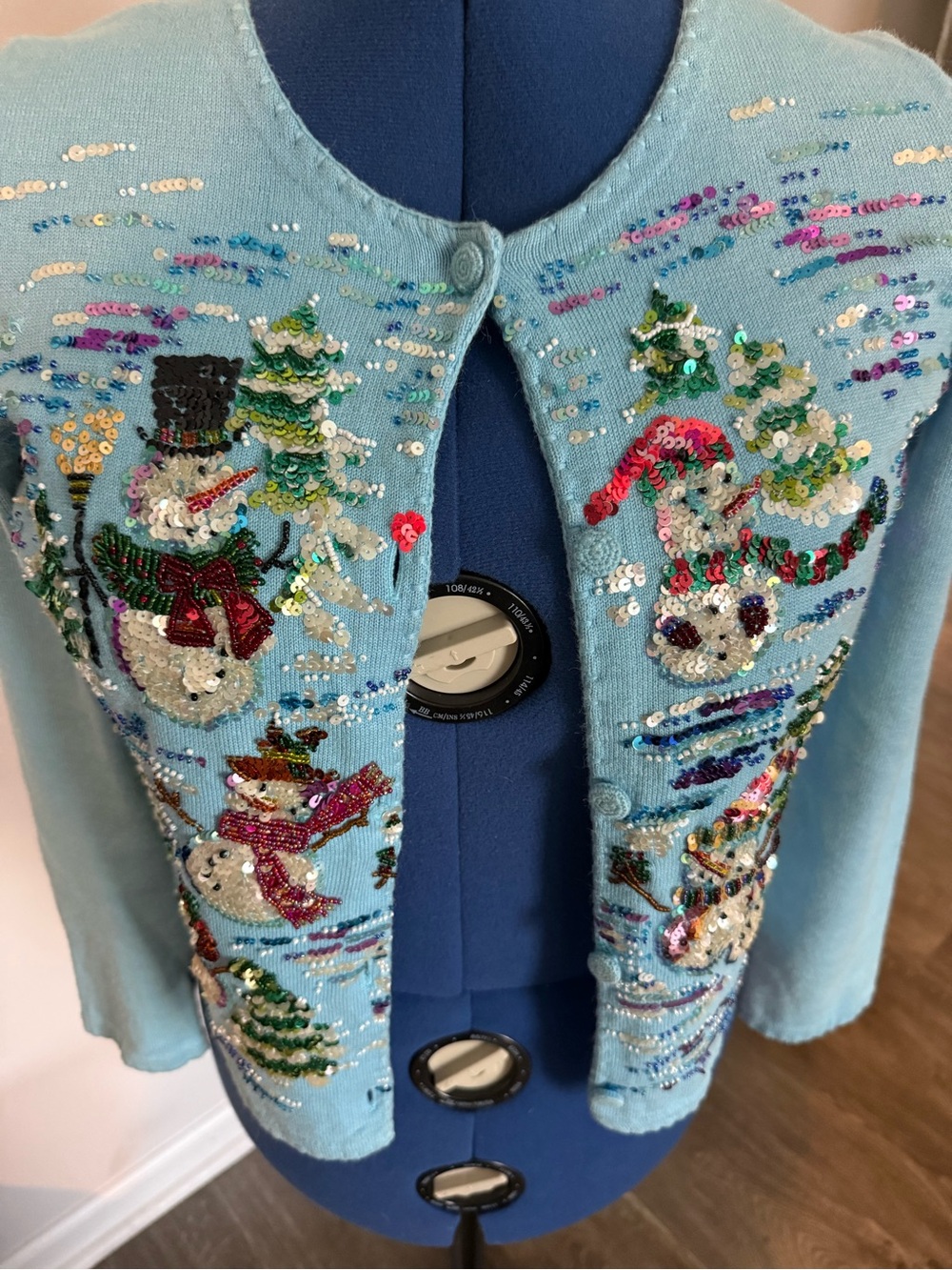 Michael Simon Light Blue Sequin Snowman Cardigan - Picture 3 of 7